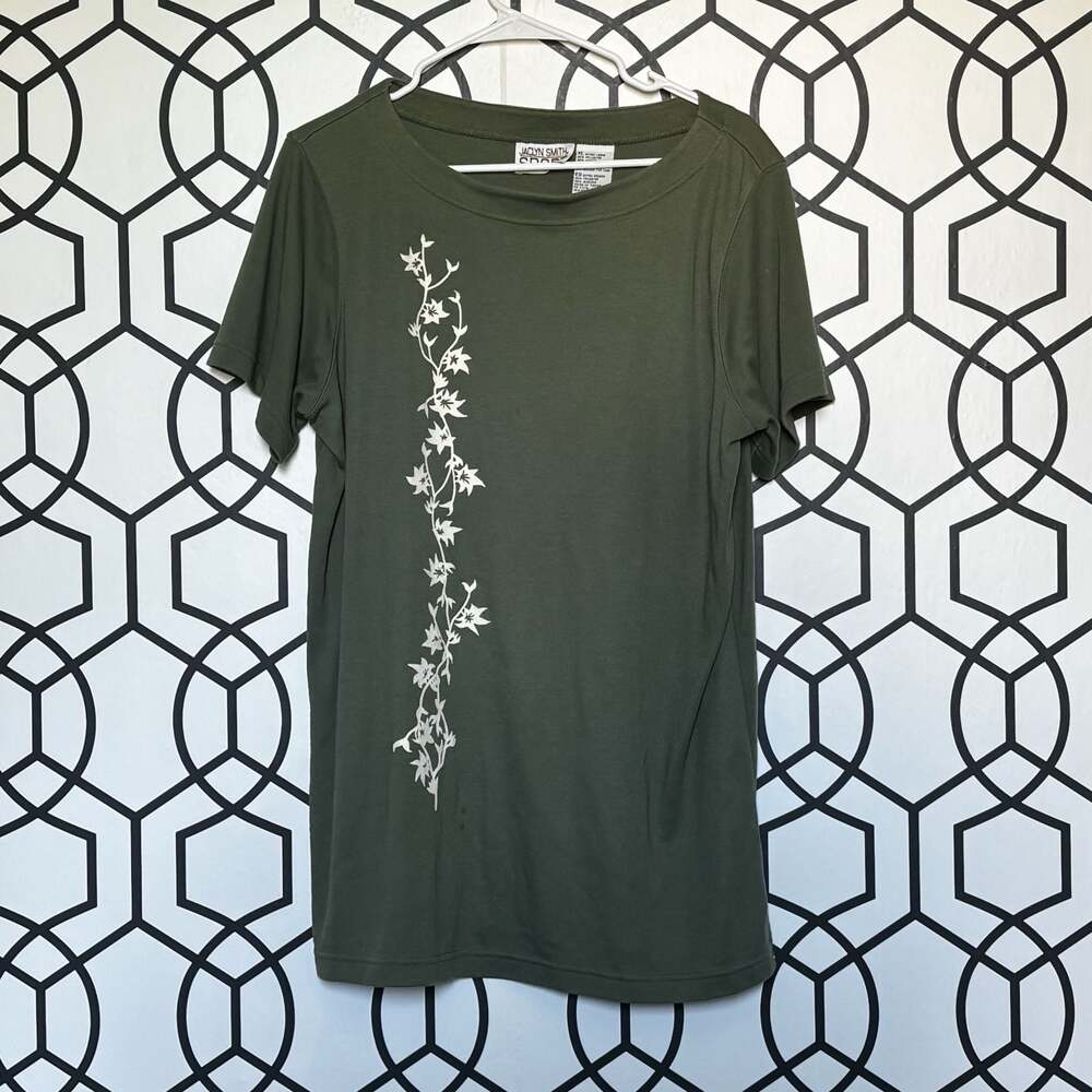 Jaclyn Smith Sport Olive Green Floral Print Crew Neck T-Shirt Size XL